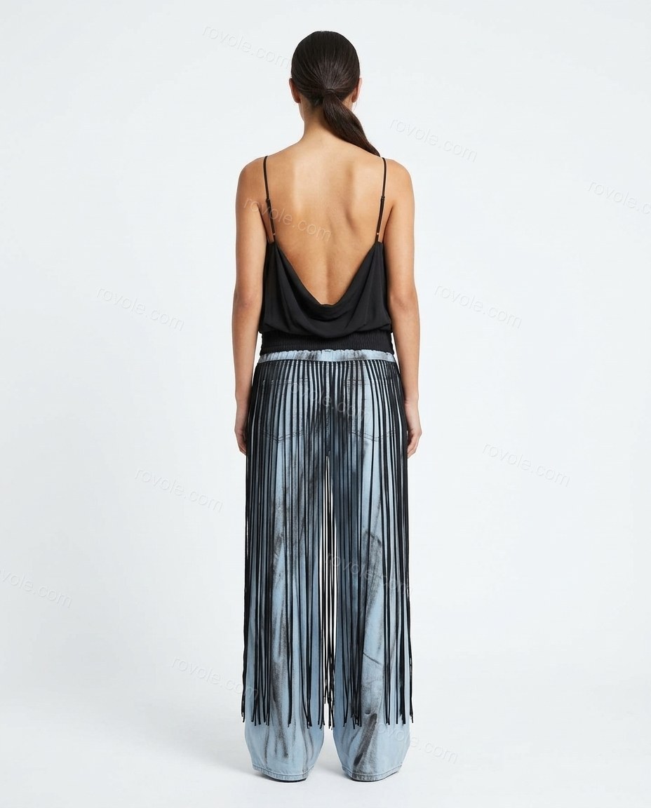 Light Blue Striped Fringe Camisole & Pants Set, back studio view showing spaghetti straps, blouson effect above a fitted band, by rovole.com