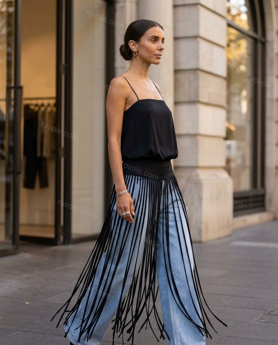 Light Blue Striped Fringe Camisole & Pants Set, movement and fit lifestyle view, by rovole.com