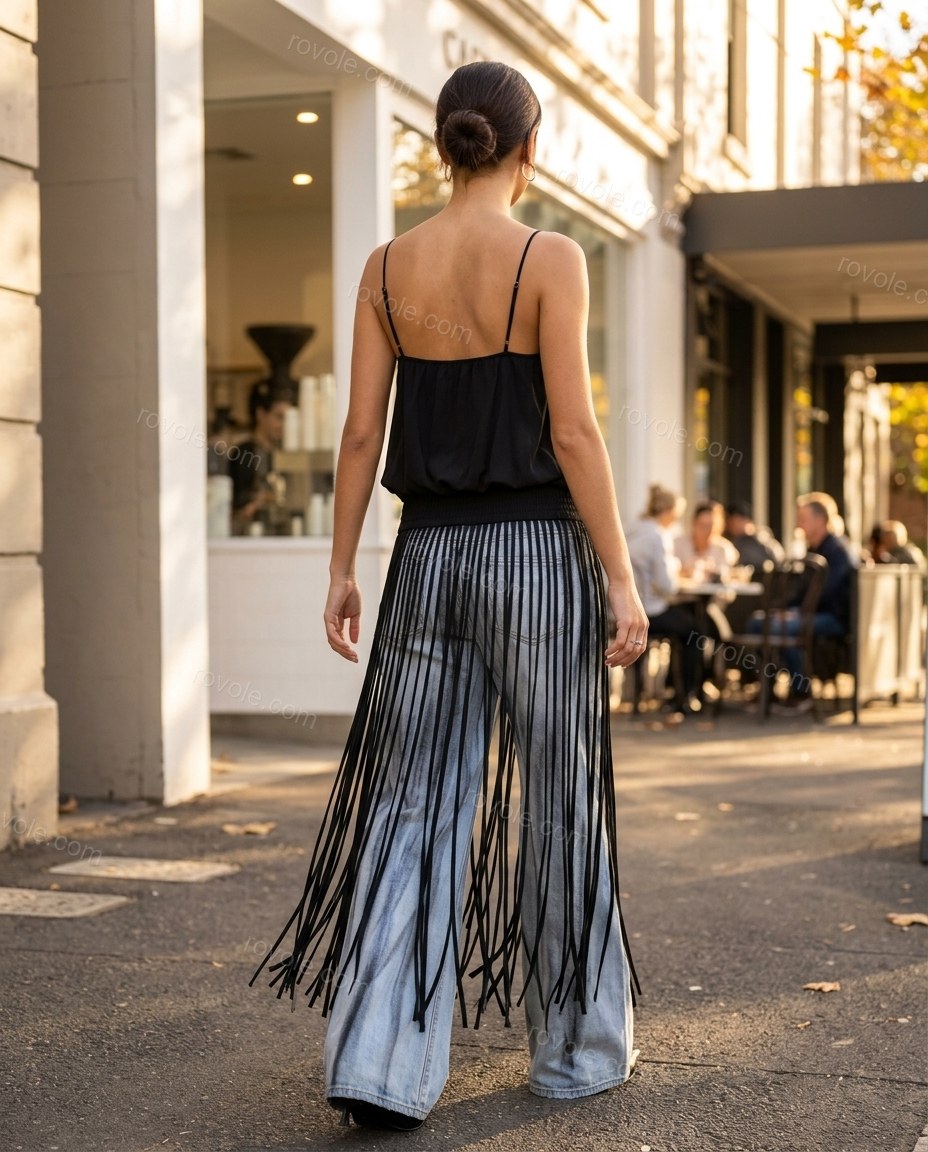 Light Blue Striped Fringe Camisole & Pants Set, alternate use-case lifestyle view, by rovole.com