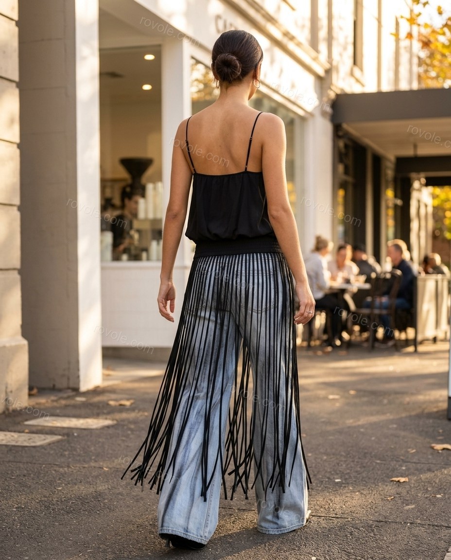 Light Blue Striped Fringe Camisole & Pants Set, alternate use-case lifestyle view, by rovole.com