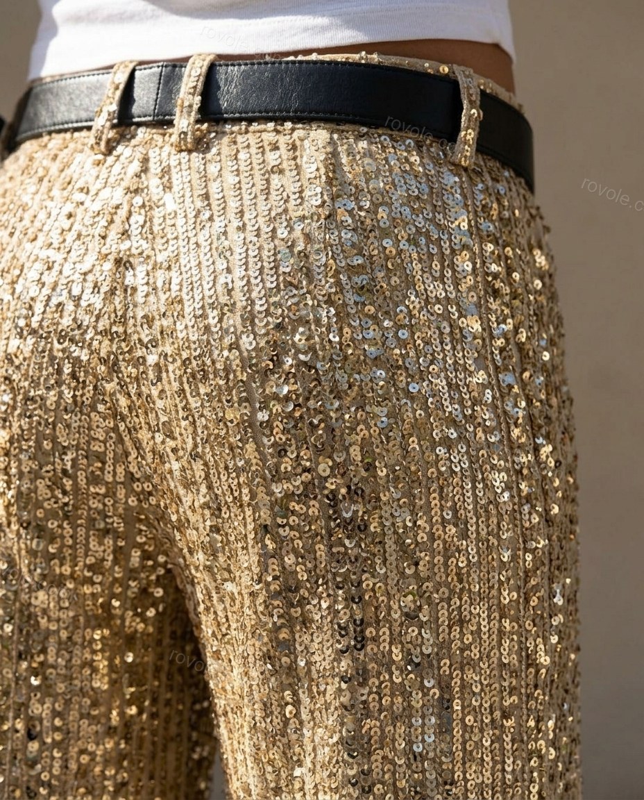 Gold Pants, close-up of all-over sequin embellishment, low-rise waist and wide-leg cut, by rovole.com