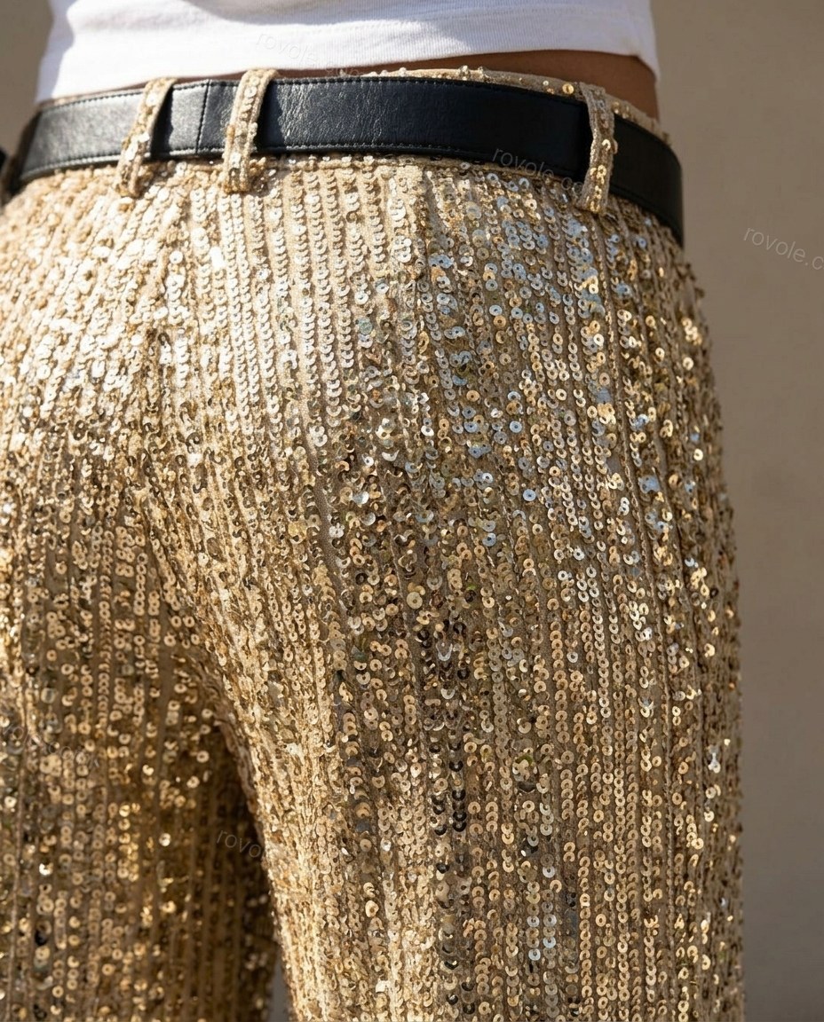 Gold Pants, close-up of all-over sequin embellishment, low-rise waist and wide-leg cut, by rovole.com