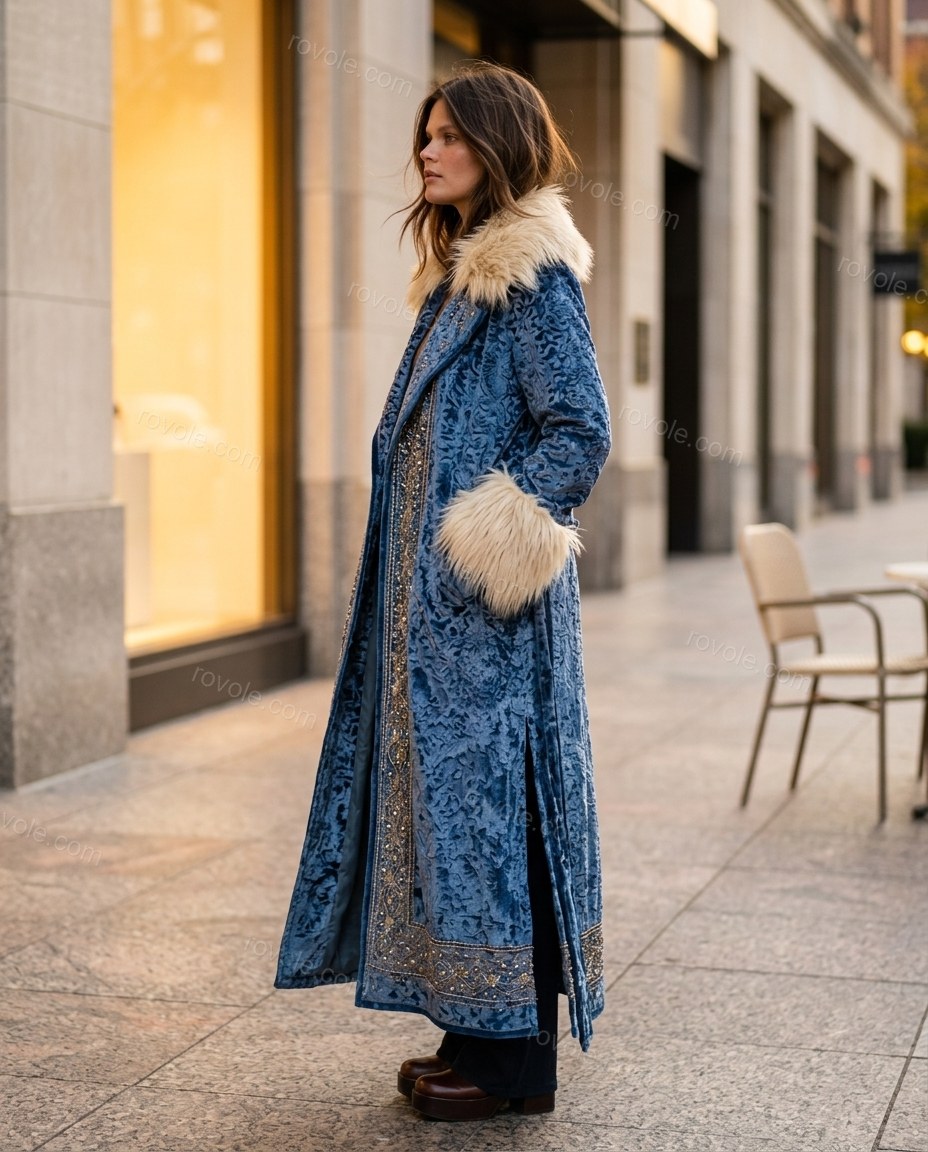 Blue Floral Embroidered Faux-Fur Coat, alternate use-case lifestyle view, by rovole.com