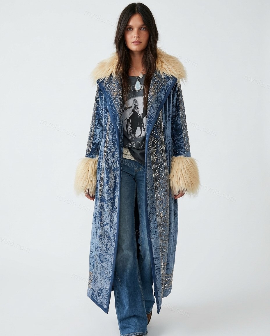 Blue Floral Embroidered Faux-Fur Coat, front studio view, by rovole.com