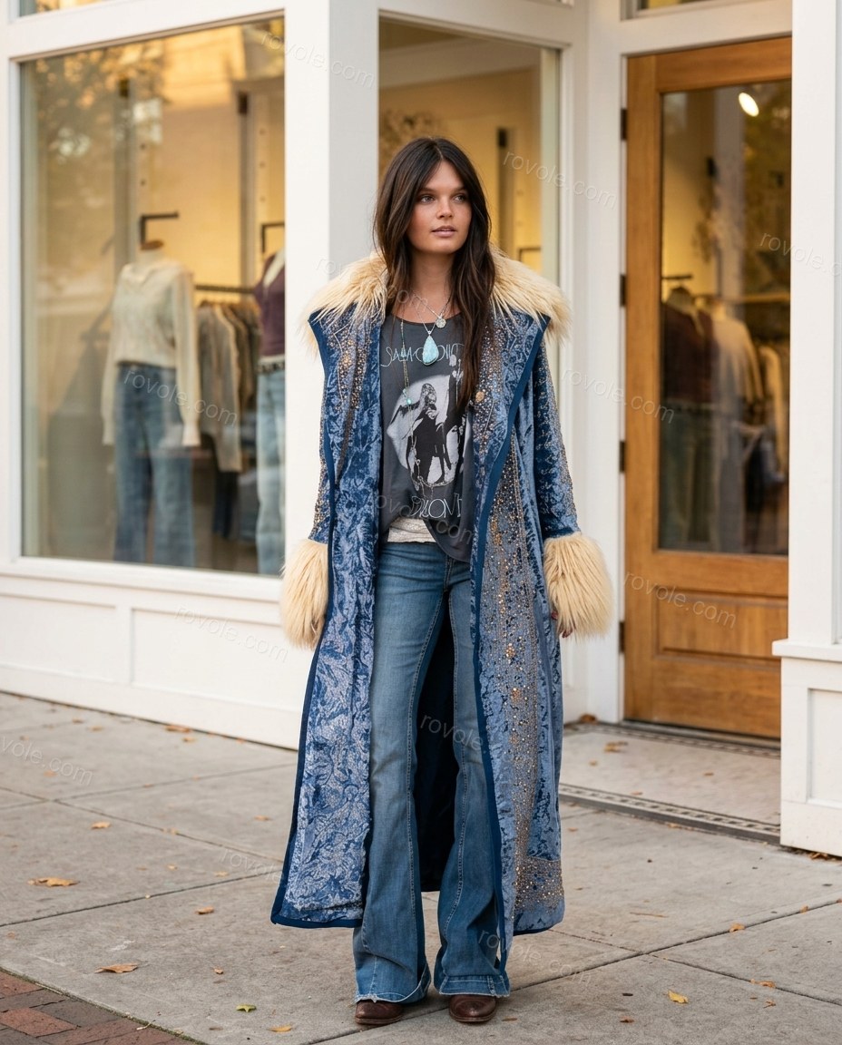 Blue Floral Embroidered Faux-Fur Coat, three-quarter brand lifestyle view, by rovole.com