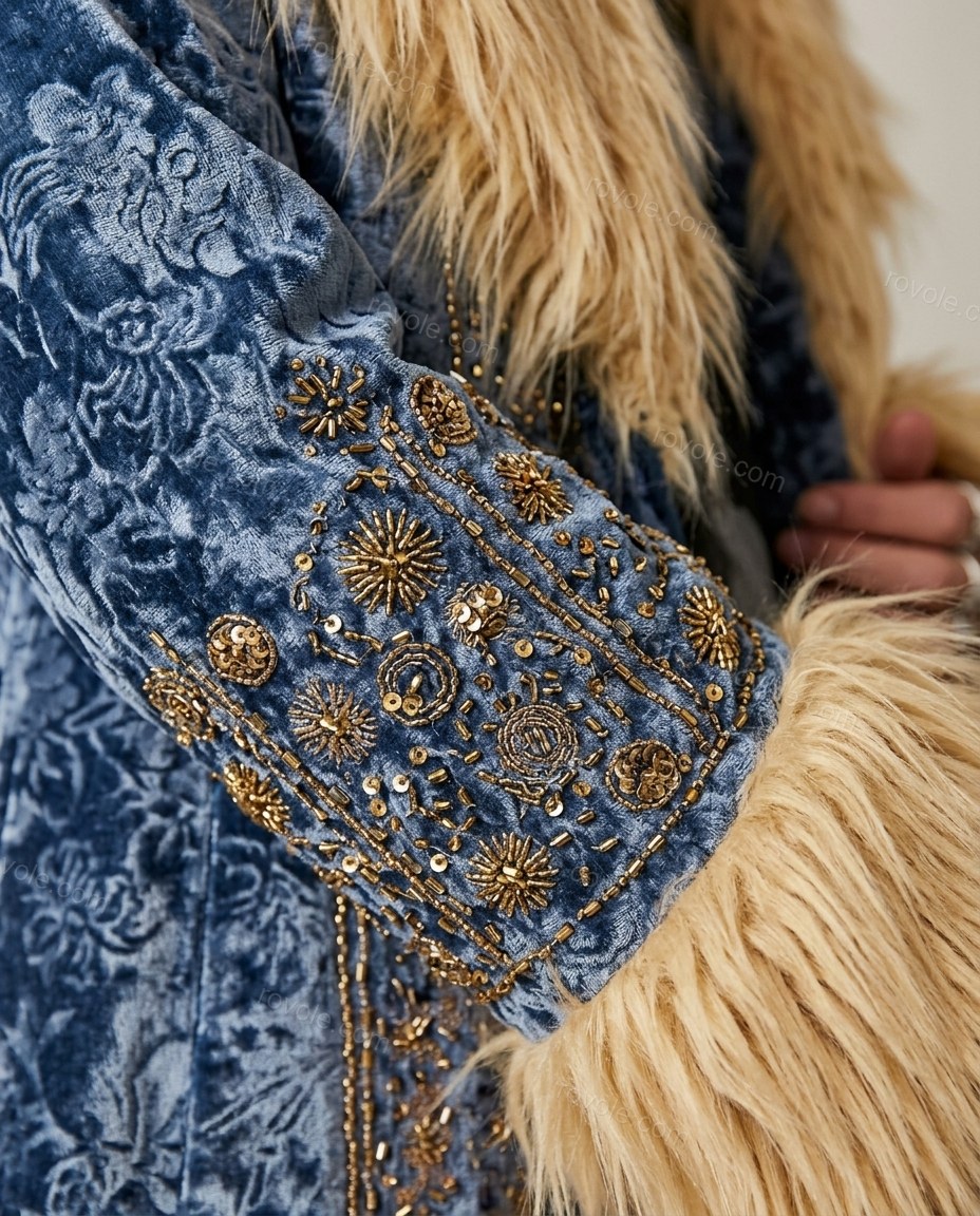 Blue Floral Embroidered Faux-Fur Coat, close-up of floral, by rovole.com