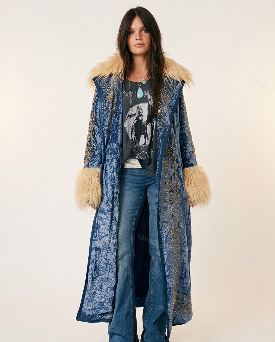Blue Floral Embroidered Faux-Fur Coat, full-length hero view, by rovole.com