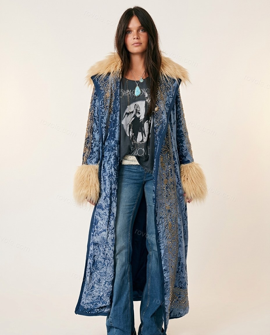 Blue Floral Embroidered Faux-Fur Coat, full-length hero view, by rovole.com