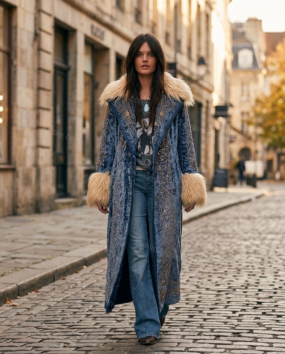 Blue Floral Embroidered Faux-Fur Coat, movement and fit lifestyle view, by rovole.com