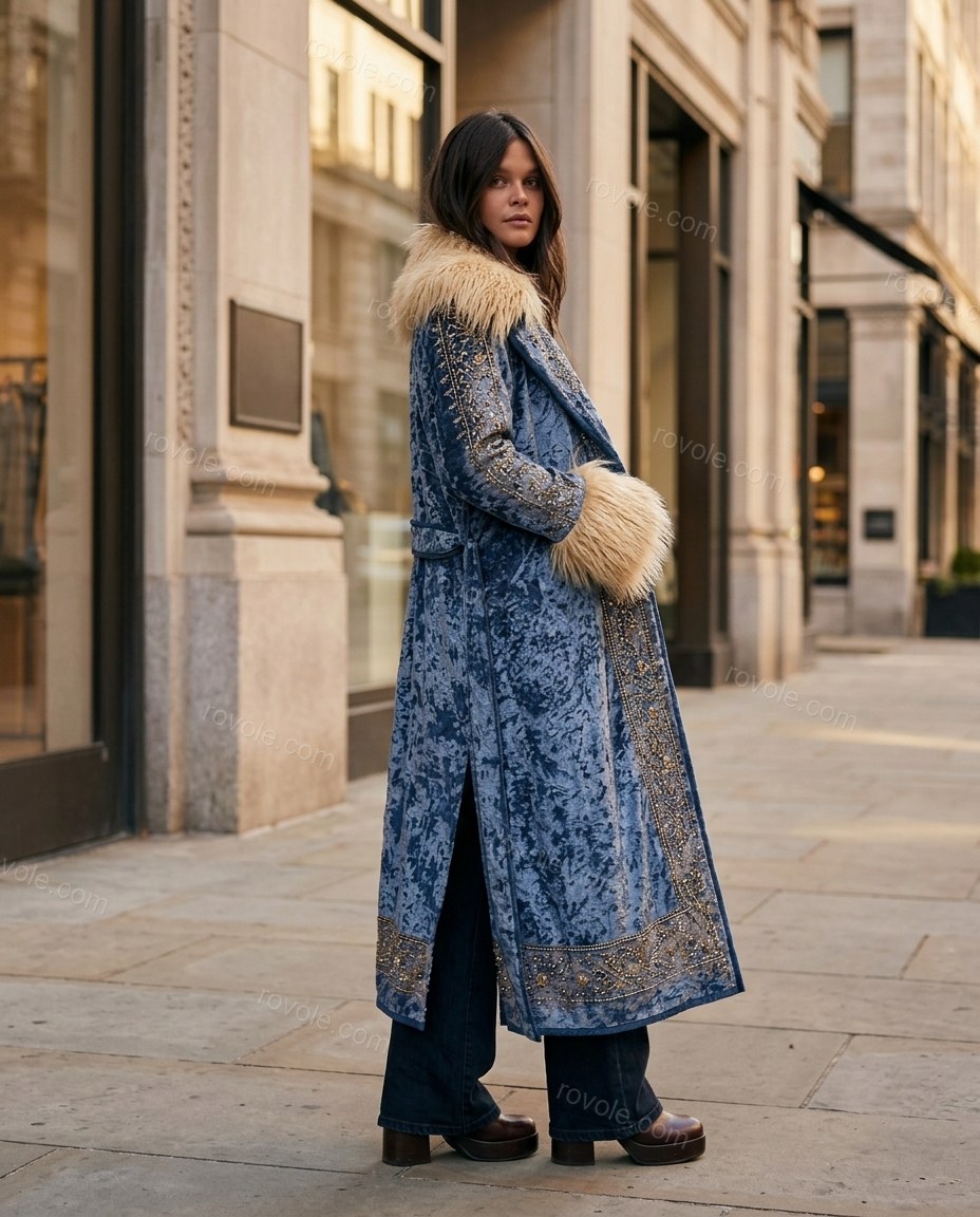 Blue Floral Embroidered Faux-Fur Coat, walking lifestyle view, by rovole.com