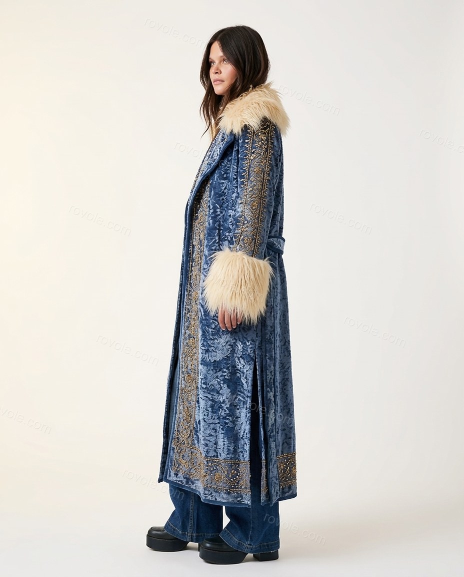Blue Floral Embroidered Faux-Fur Coat, side and back studio view showing not visible, by rovole.com