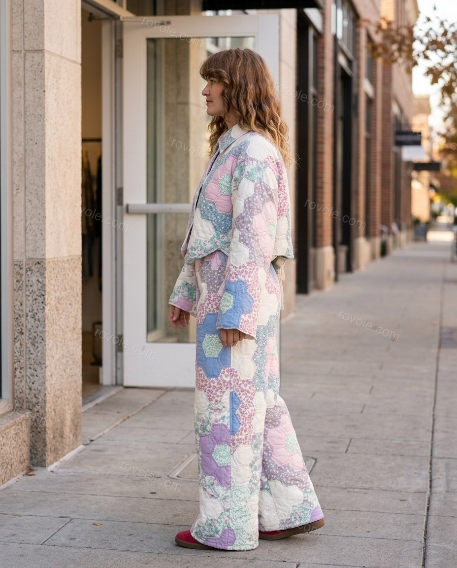 Multi-Color Floral Lace Pants, three-quarter brand lifestyle view, by rovole.com