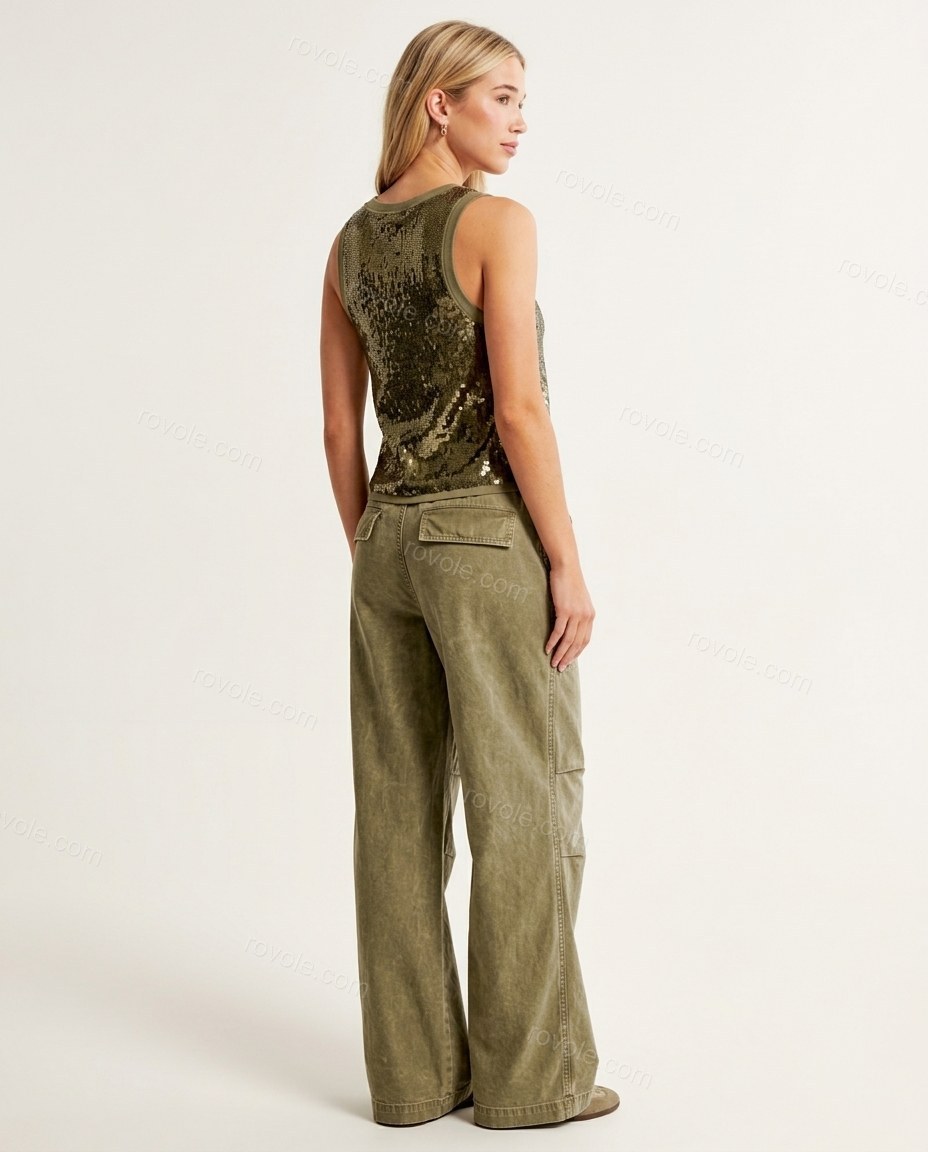 Olive Green Ribbed Top & Pants Set, back studio view, by rovole.com