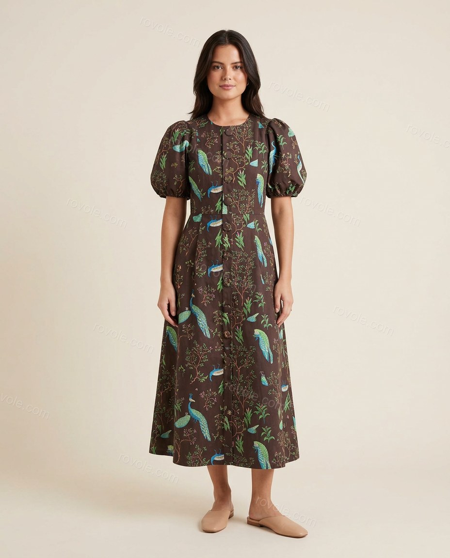 Dark Brown Floral Dress, front studio view, by rovole.com