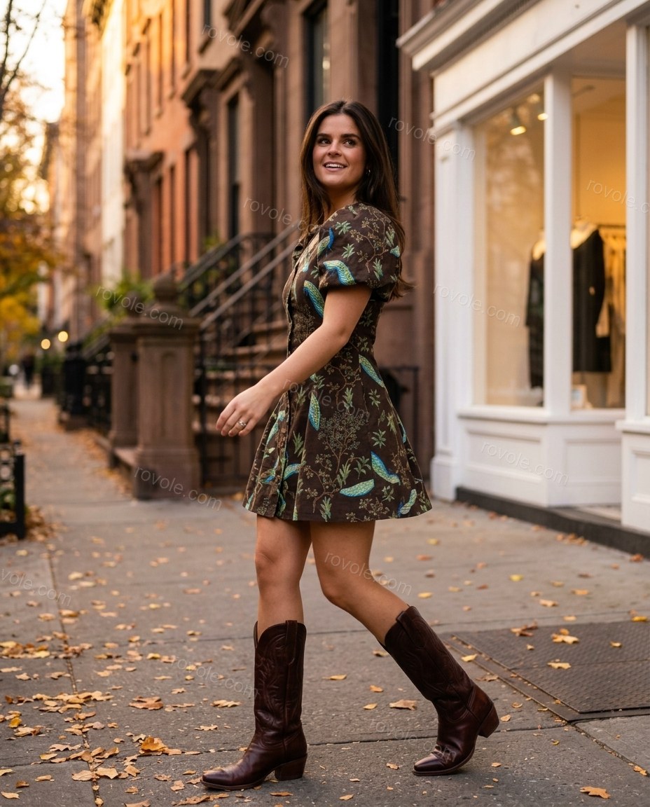 Dark Brown Floral Dress, walking lifestyle view, by rovole.com