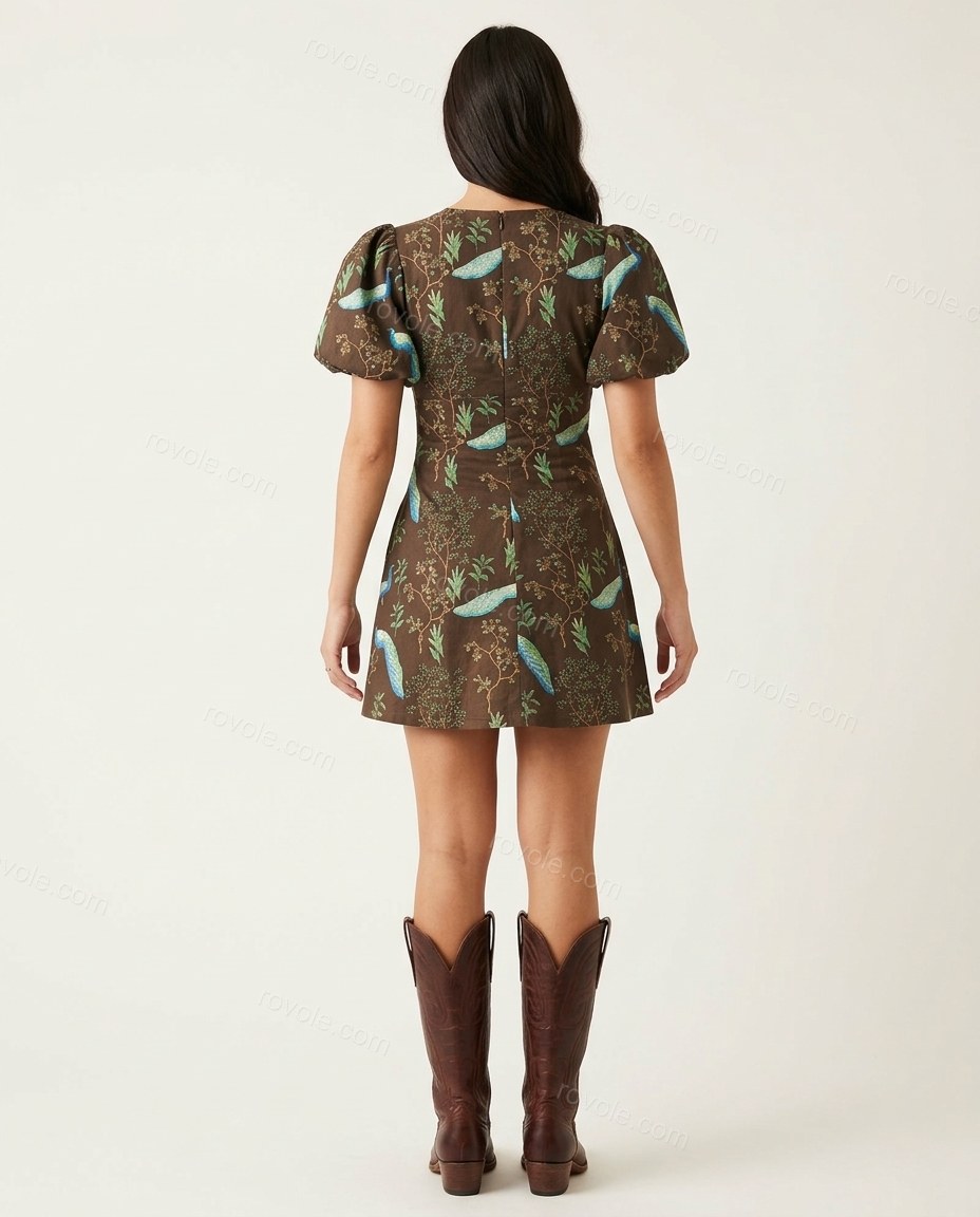 Dark Brown Floral Dress, back studio view, by rovole.com