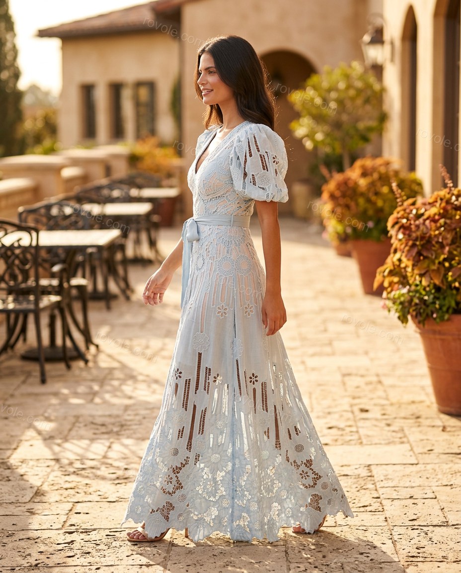 Light Blue Floral Maxi Eyelet Dress, walking lifestyle view, by rovole.com