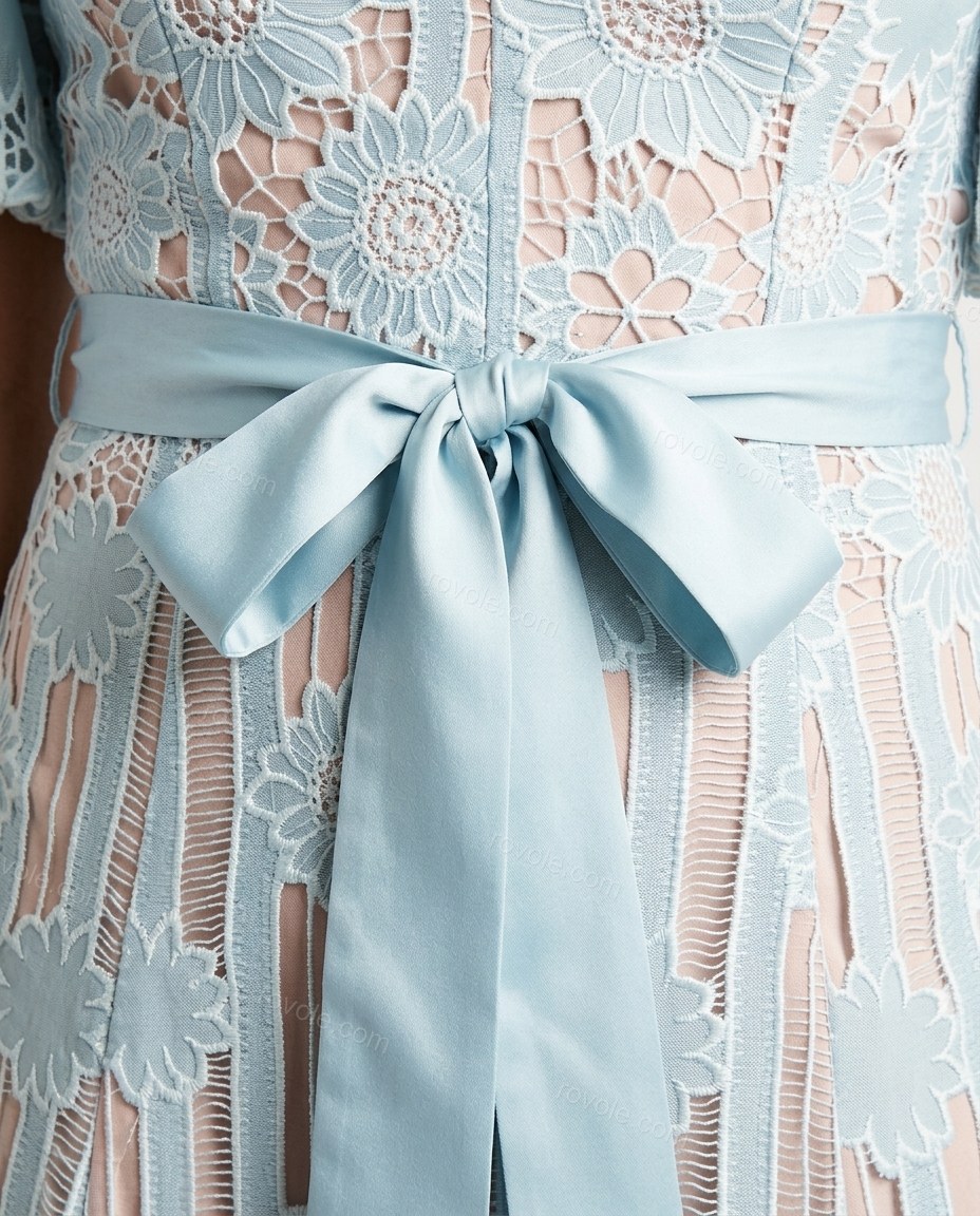 Light Blue Floral Maxi Eyelet Dress, close-up of floral embroidery, by rovole.com