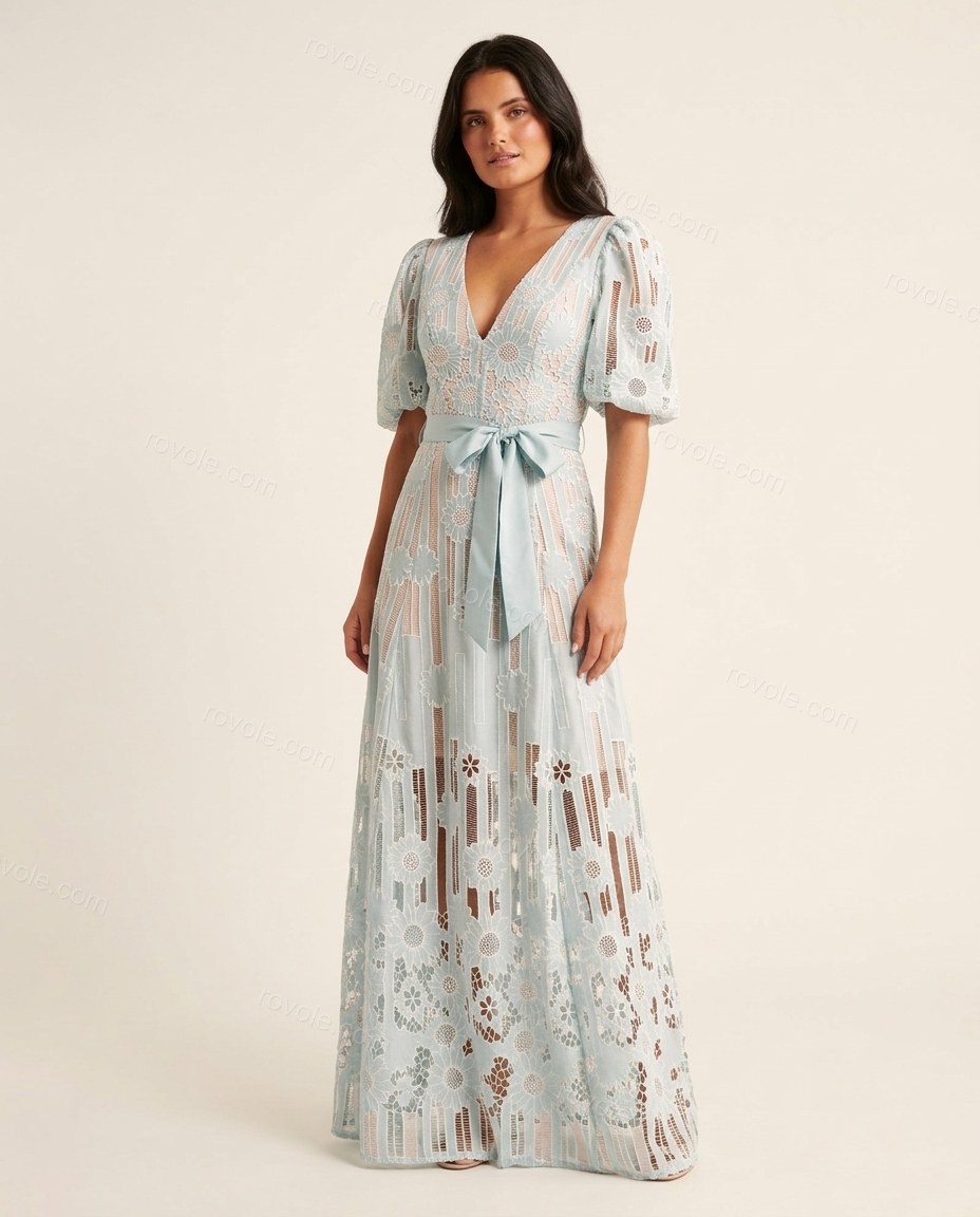 Light Blue Floral Maxi Eyelet Dress, front studio view, by rovole.com