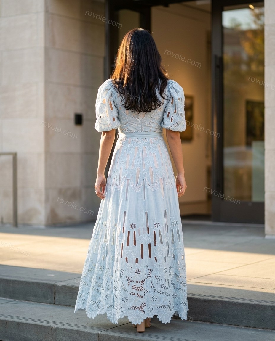 Light Blue Floral Maxi Eyelet Dress, alternate use-case lifestyle view, by rovole.com
