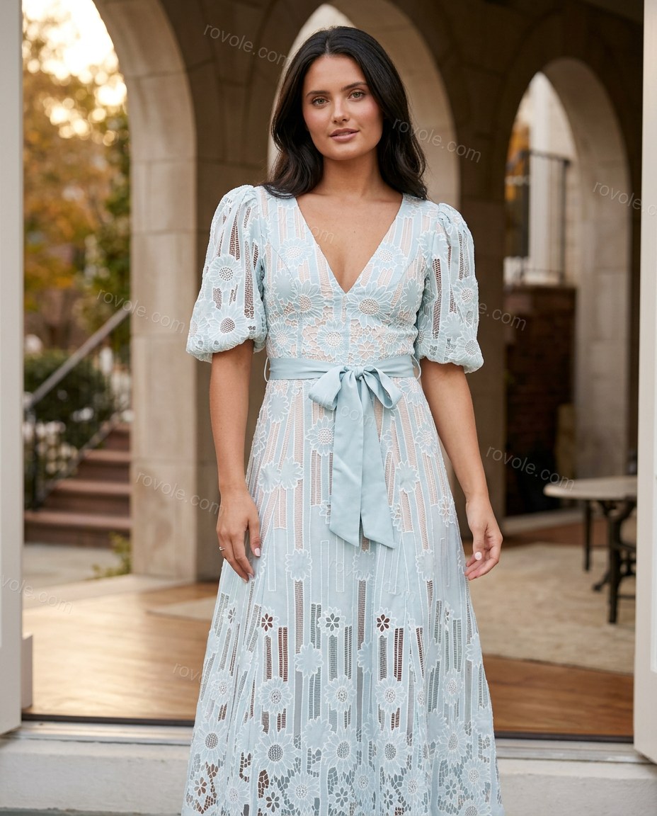 Light Blue Floral Maxi Eyelet Dress, three-quarter brand lifestyle view, by rovole.com