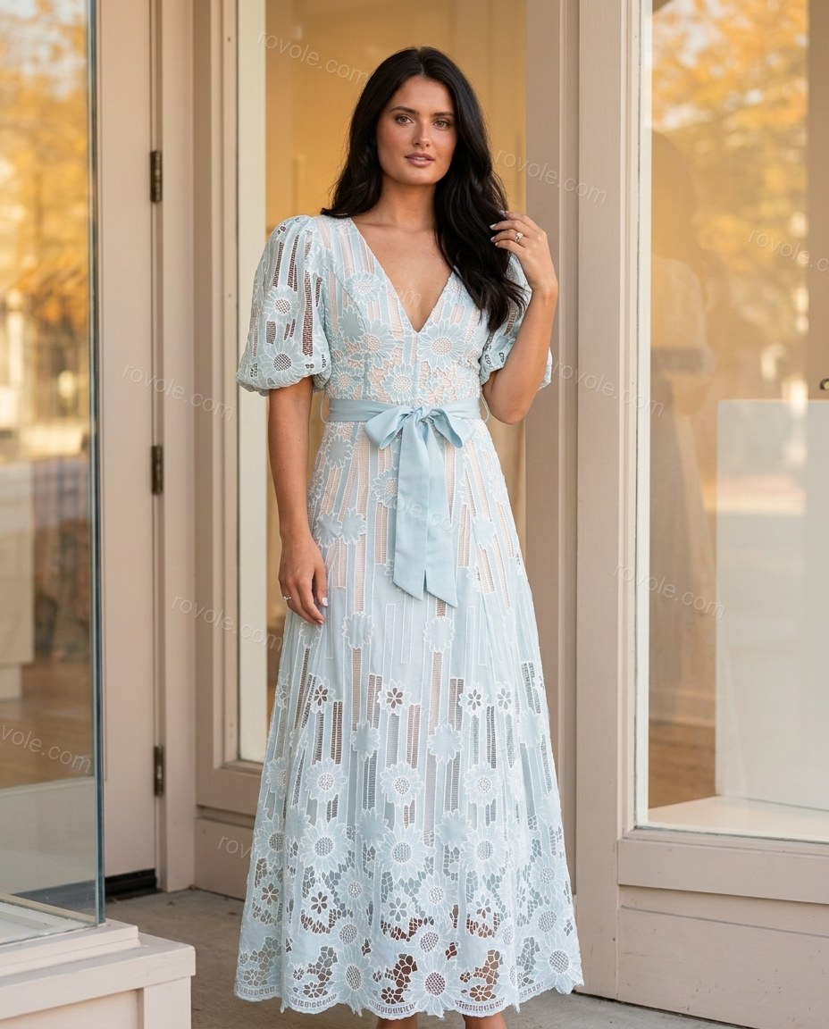 Light Blue Floral Maxi Eyelet Dress, full-length hero view, by rovole.com
