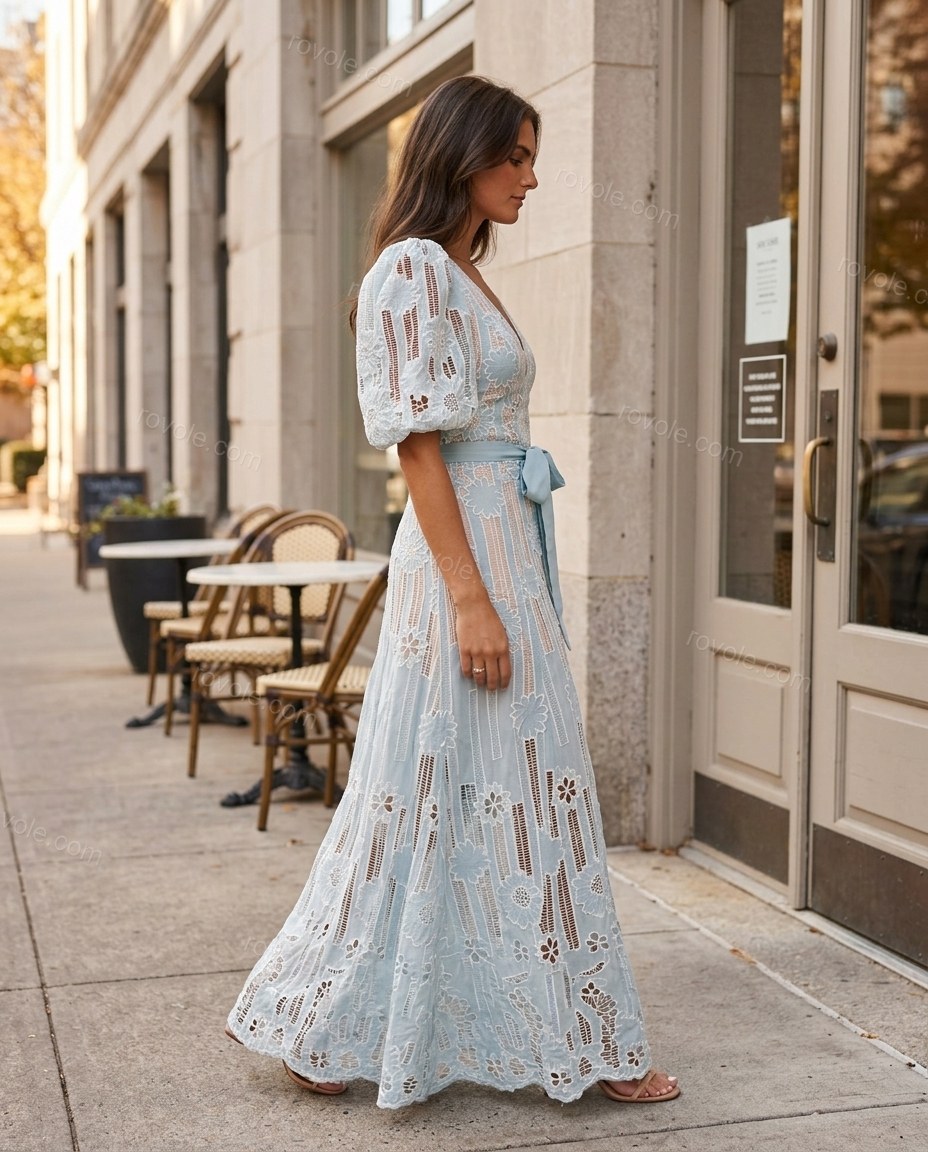 Light Blue Floral Maxi Eyelet Dress, movement and fit lifestyle view, by rovole.com
