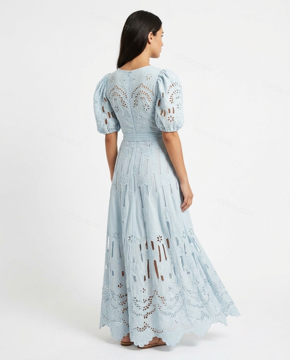 Light Blue Floral Maxi Eyelet Dress, back studio view, by rovole.com