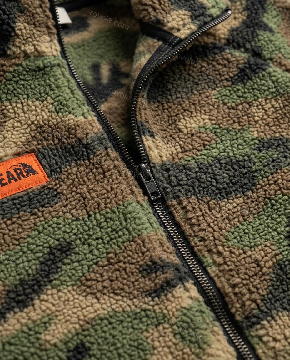 Green Jacket, close-up of brown and tan accents, zipper front closure and full-zip front, by rovole.com