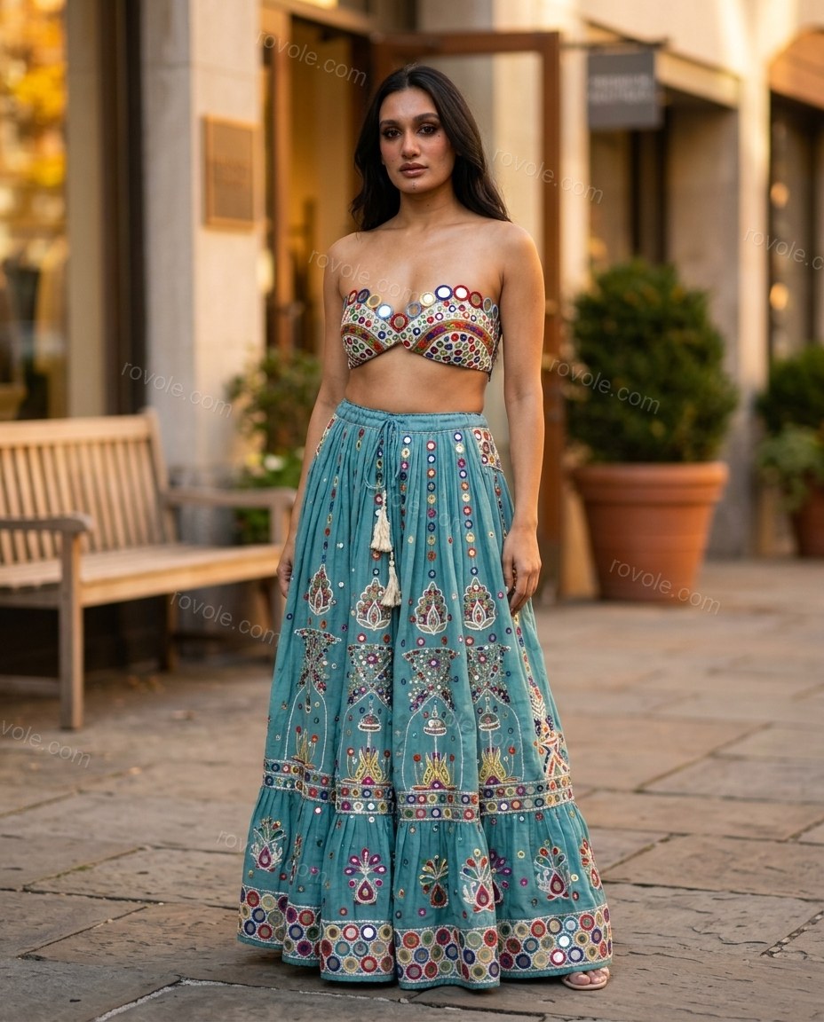 Teal Geometric Maxi Embroidered Top & Skirt Set, three-quarter brand lifestyle view, by rovole.com