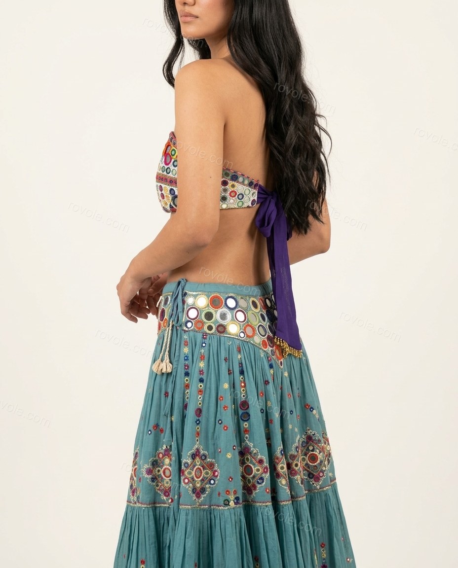 Teal Geometric Maxi Embroidered Top & Skirt Set, back studio view showing exposed back with a tie closure, by rovole.com
