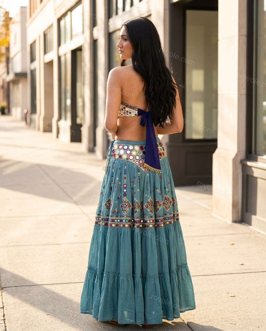 Teal Geometric Maxi Embroidered Top & Skirt Set, alternate use-case lifestyle view, by rovole.com