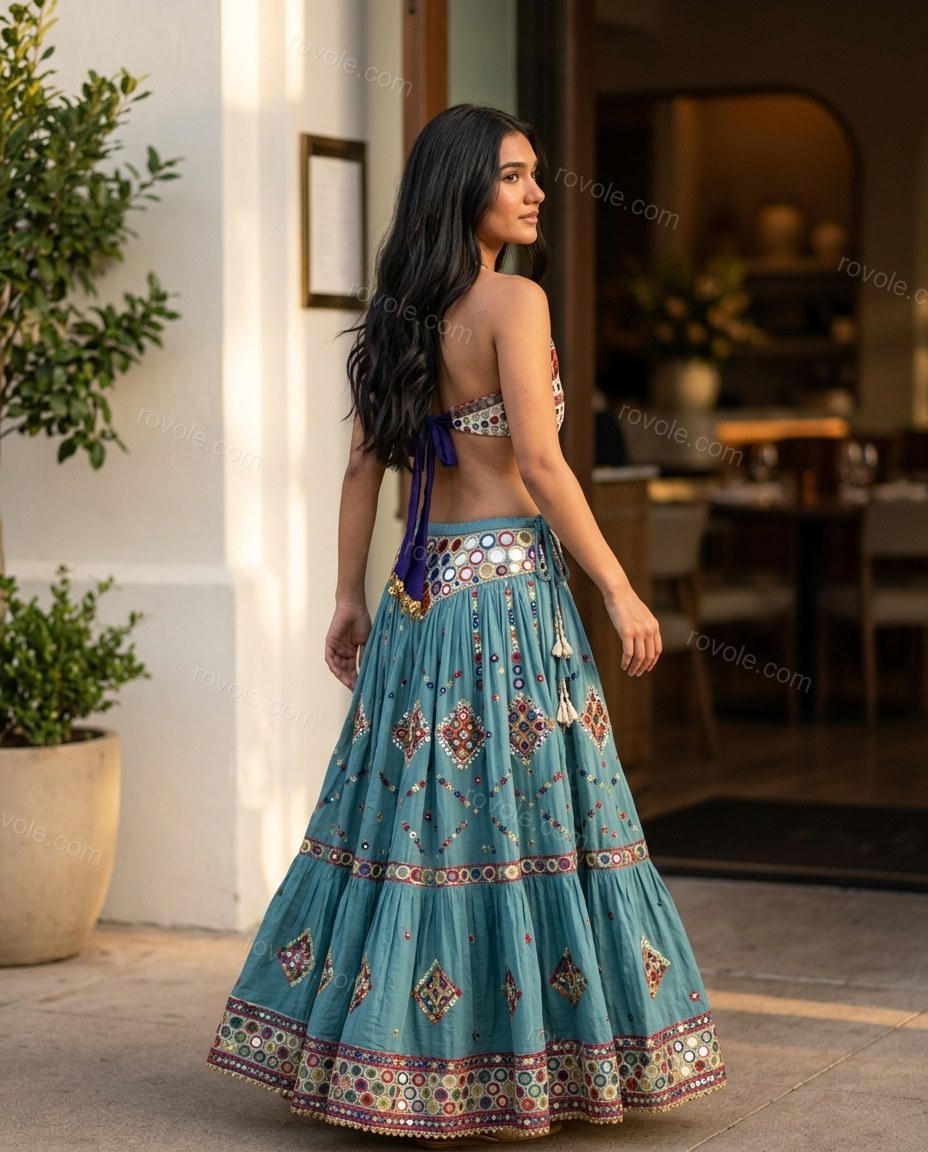 Teal Geometric Maxi Embroidered Top & Skirt Set, movement and fit lifestyle view, by rovole.com