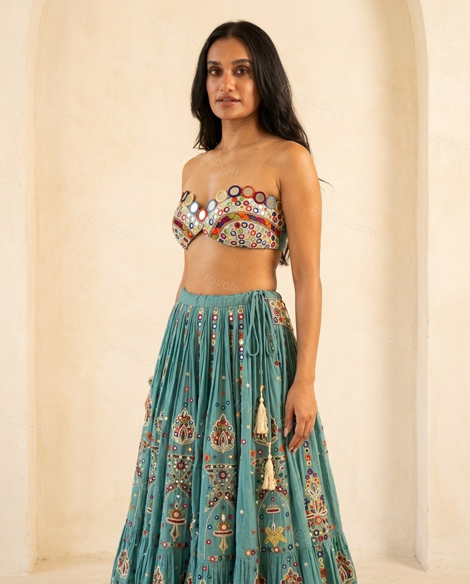 Teal Geometric Maxi Embroidered Top & Skirt Set, full-length hero view, by rovole.com