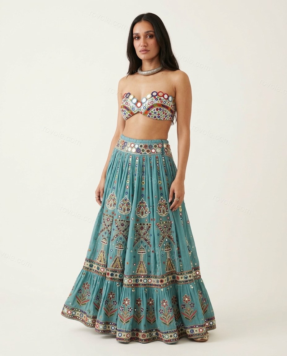 Teal Geometric Maxi Embroidered Top & Skirt Set, front studio view, by rovole.com