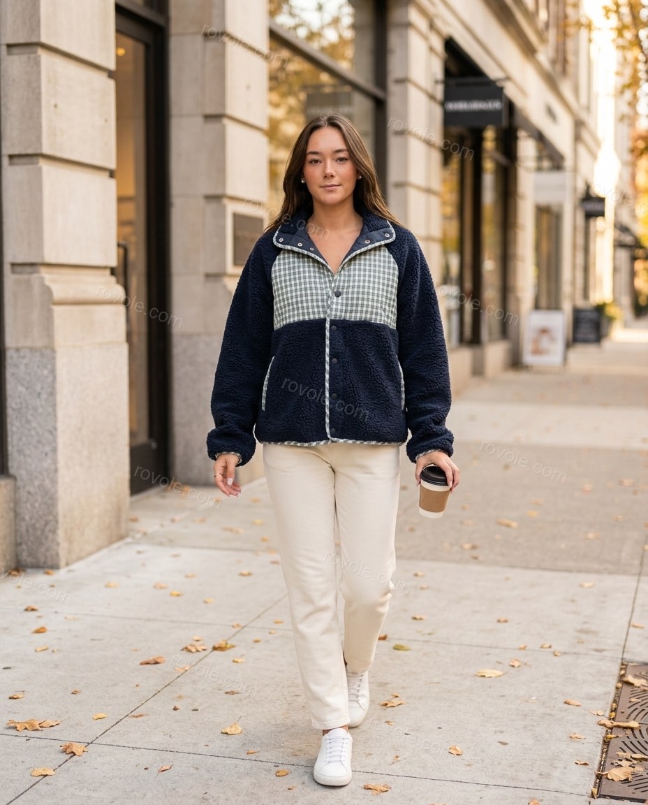 Navy Plaid Jacket, walking lifestyle view, by rovole.com