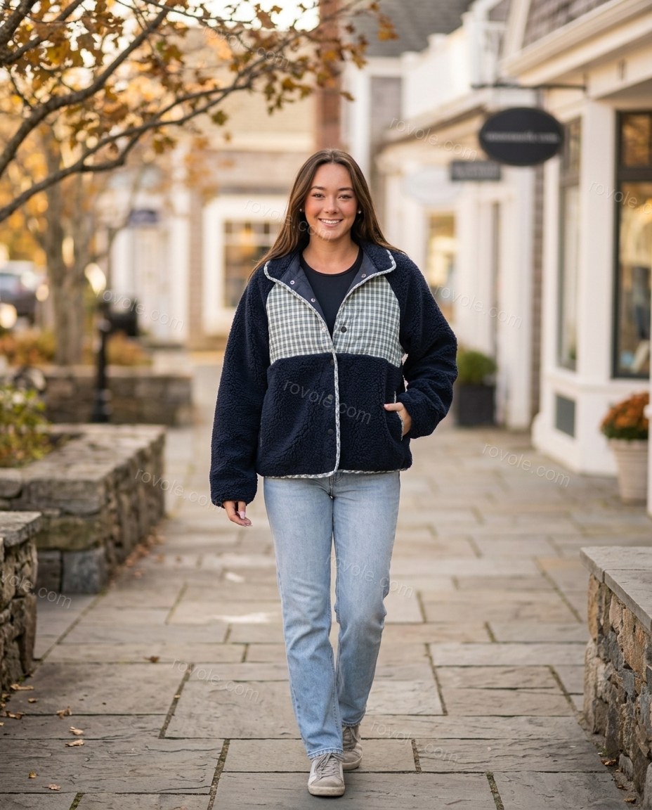 Navy Plaid Jacket, three-quarter brand lifestyle view, by rovole.com