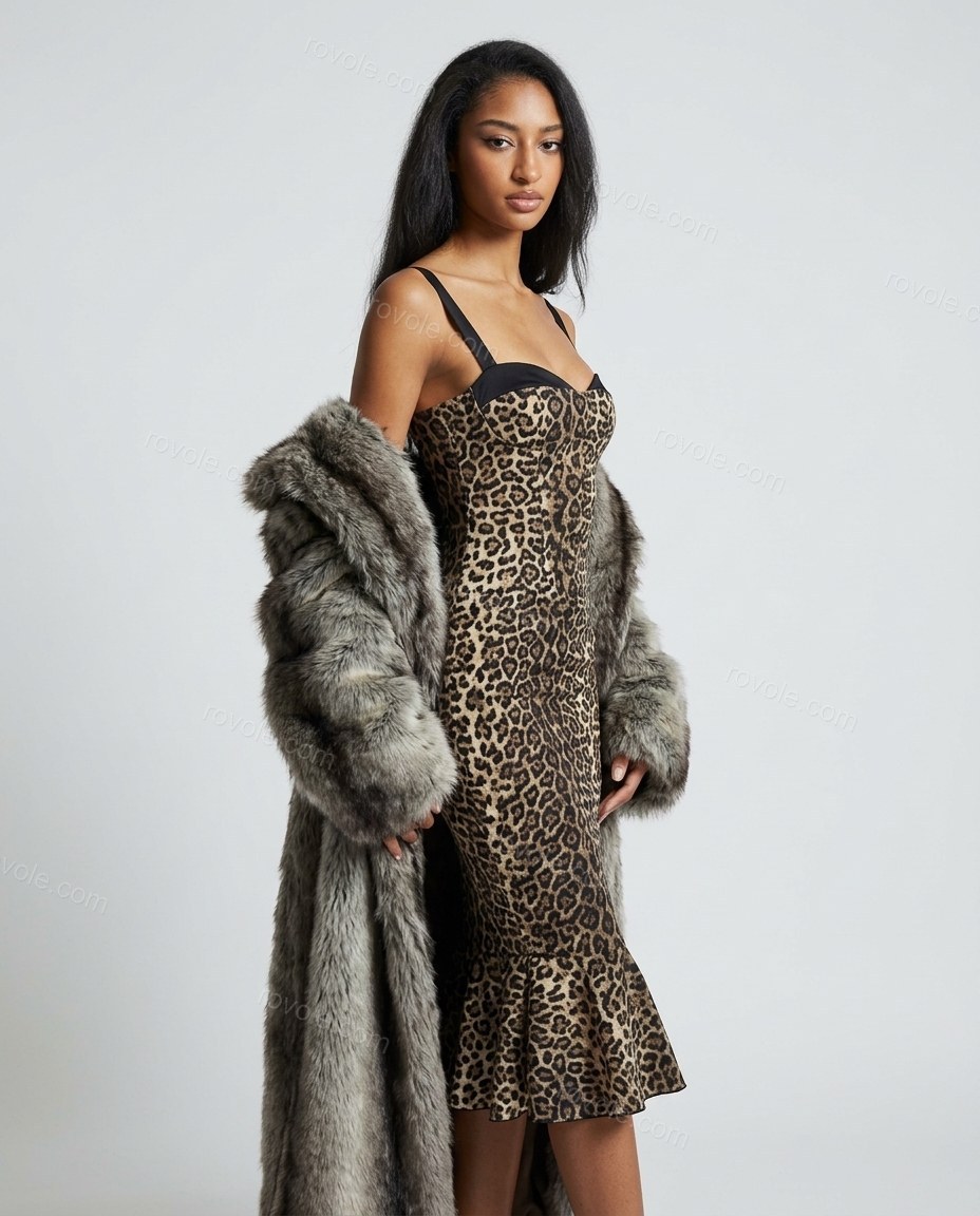 Beige Leopard Print Midi Ruffled Dress, side and back studio view showing not visible, by rovole.com