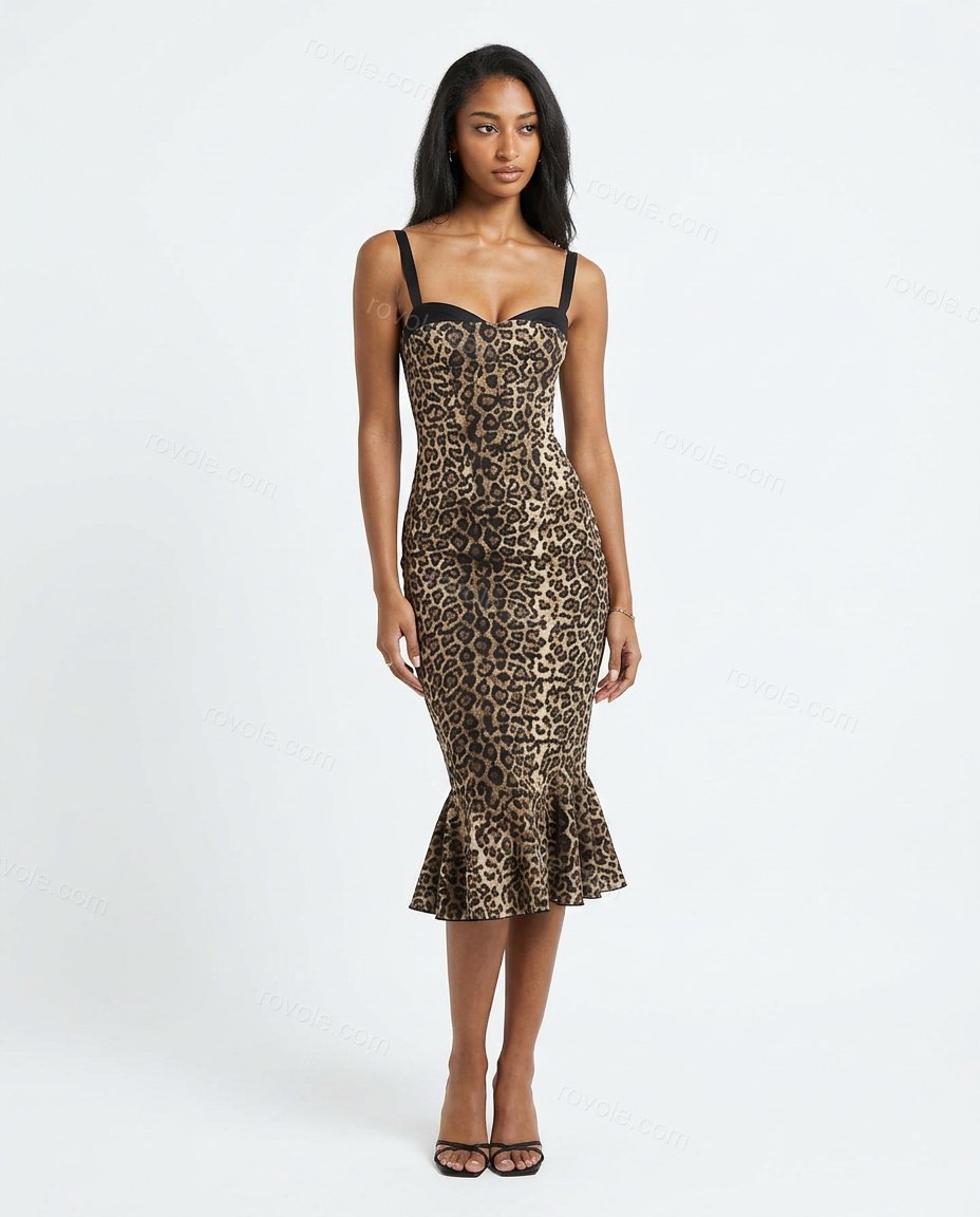 Beige Leopard Print Midi Ruffled Dress, front studio view, by rovole.com
