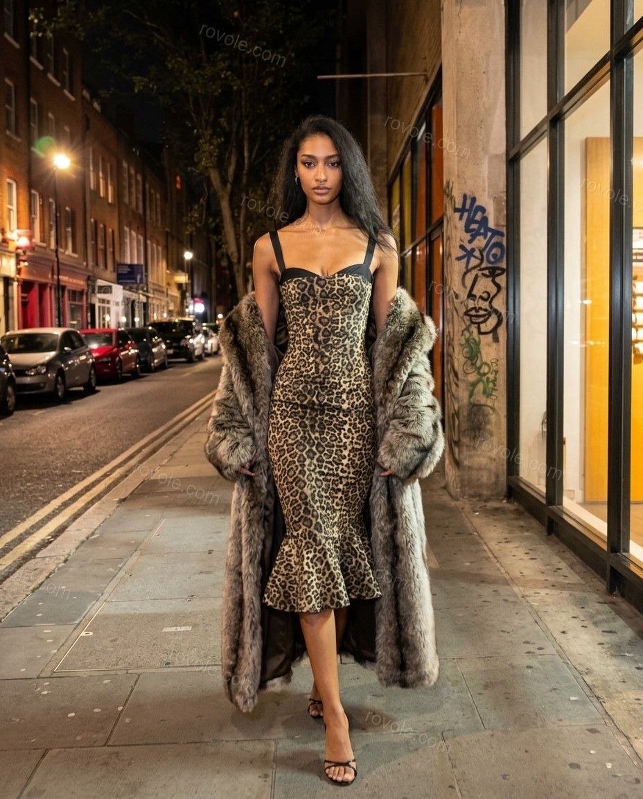 Beige Leopard Print Midi Ruffled Dress, full-length hero view, by rovole.com