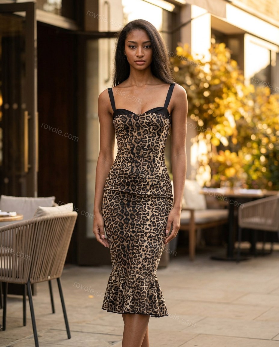 Beige Leopard Print Midi Ruffled Dress, three-quarter brand lifestyle view, by rovole.com