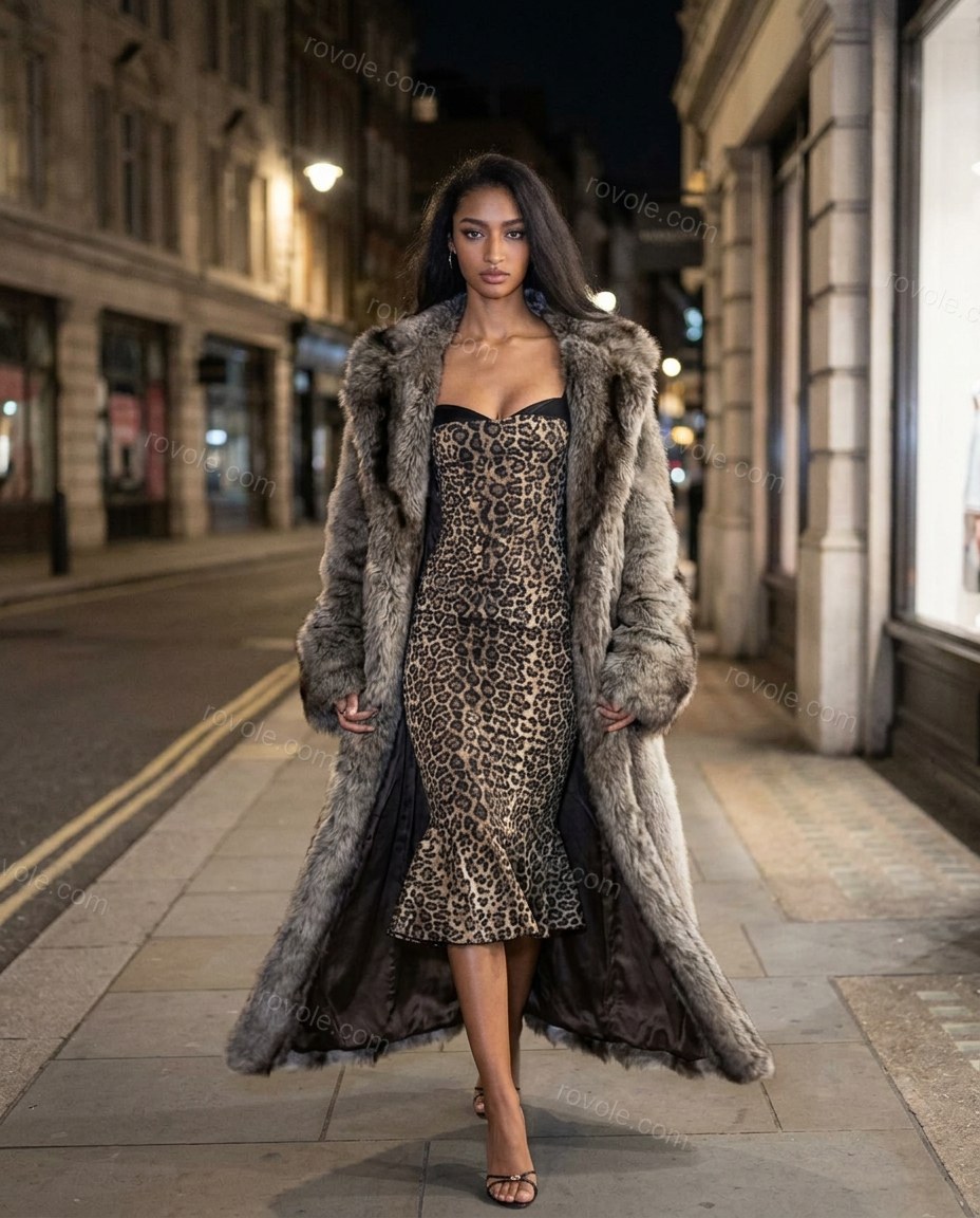 Beige Leopard Print Midi Ruffled Dress, movement and fit lifestyle view, by rovole.com