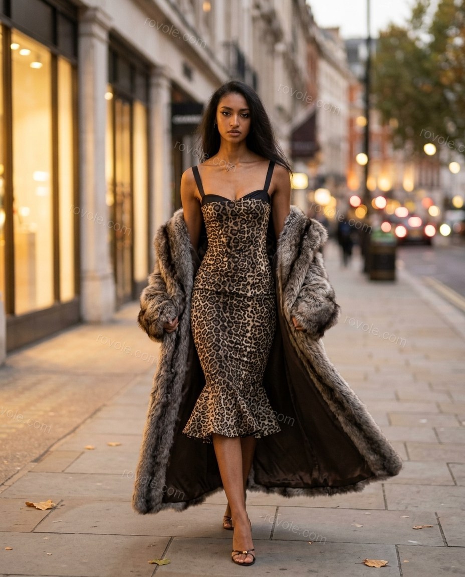Beige Leopard Print Midi Ruffled Dress, walking lifestyle view, by rovole.com