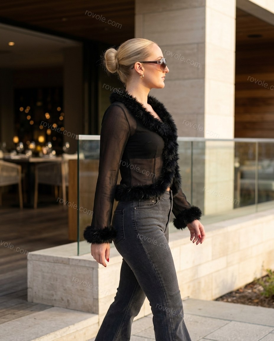 Black Faux-Fur Two-Piece Set, three-quarter brand lifestyle view, by rovole.com