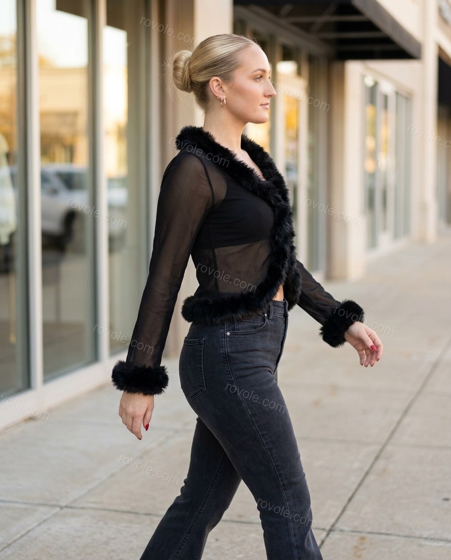 Black Faux-Fur Two-Piece Set, walking lifestyle view, by rovole.com