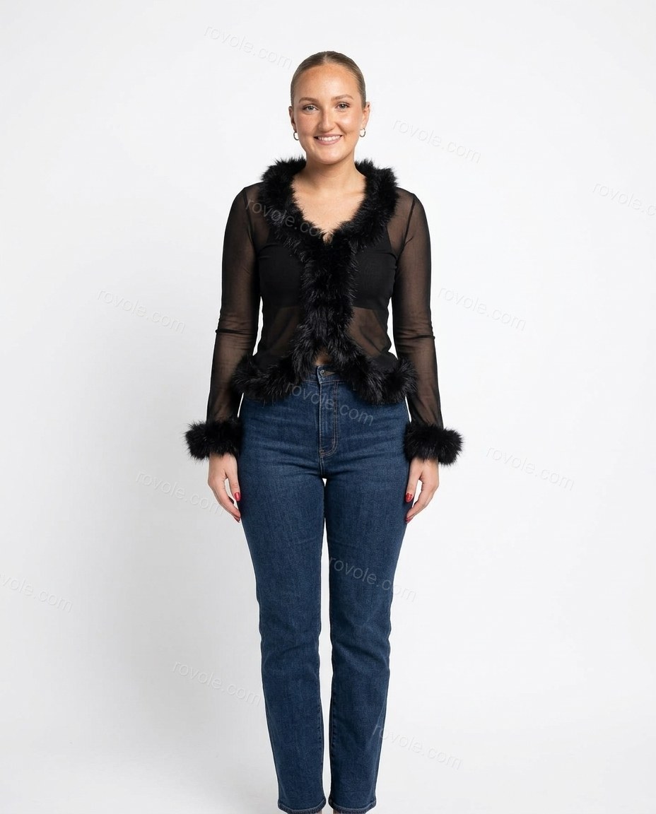 Black Faux-Fur Two-Piece Set, front studio view, by rovole.com