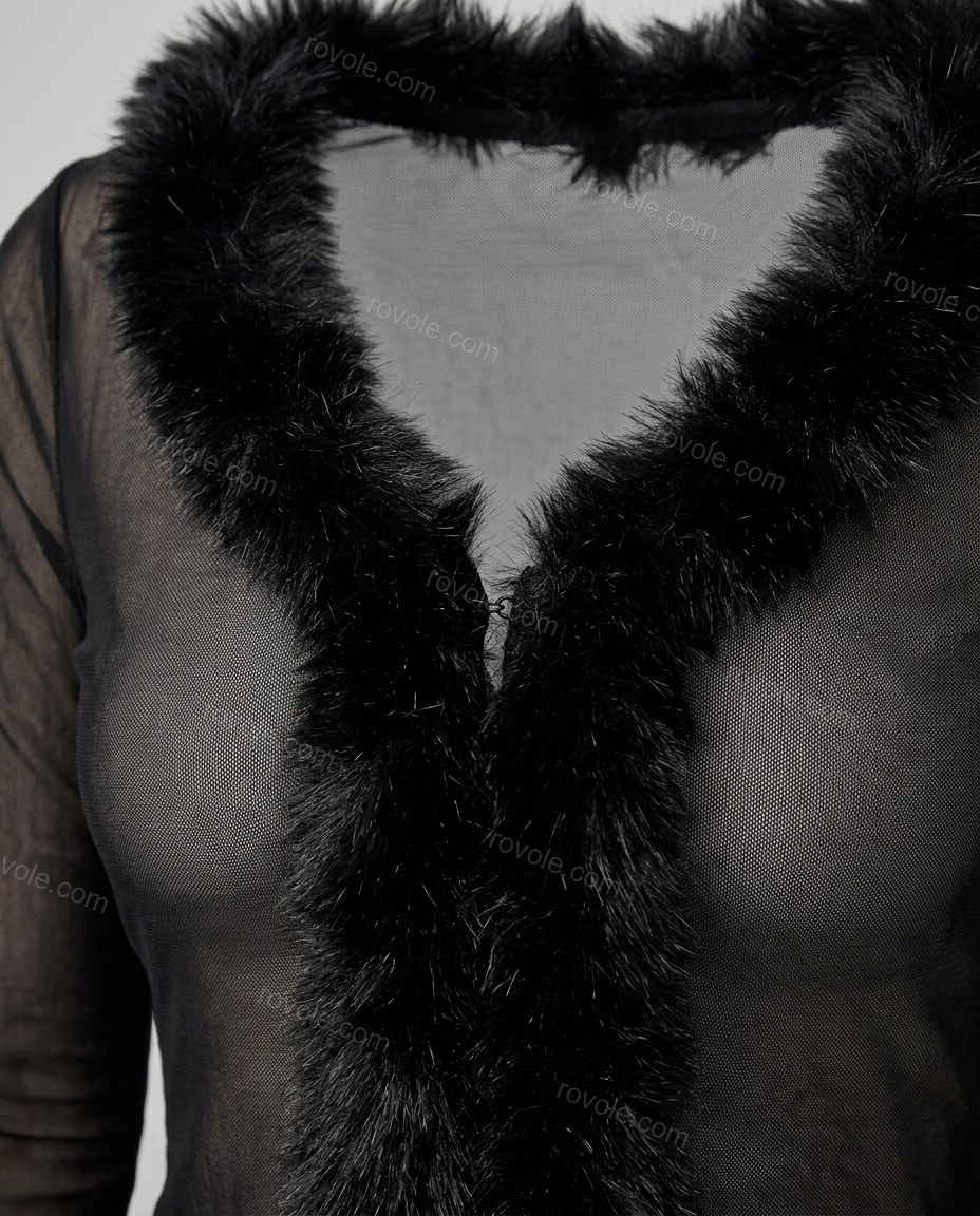 Black Faux-Fur Two-Piece Set, close-up of faux fur trim, sheer fabric and long sleeves, by rovole.com