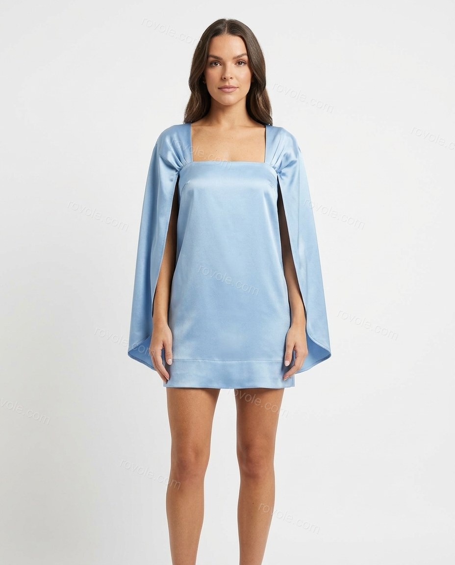 Light Blue Mini Cape Satin Dress, front studio view, by rovole.com