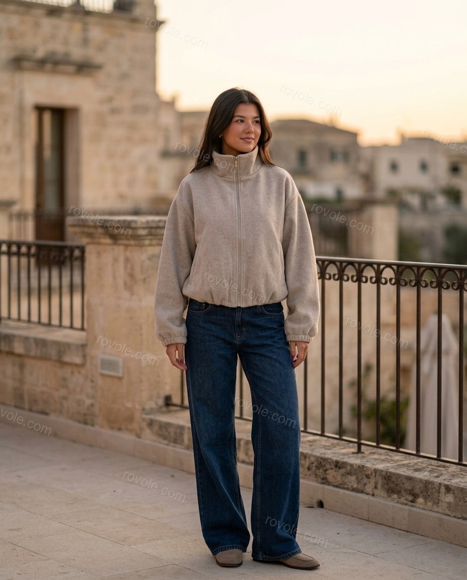 Light Beige Knit Jacket, three-quarter brand lifestyle view, by rovole.com