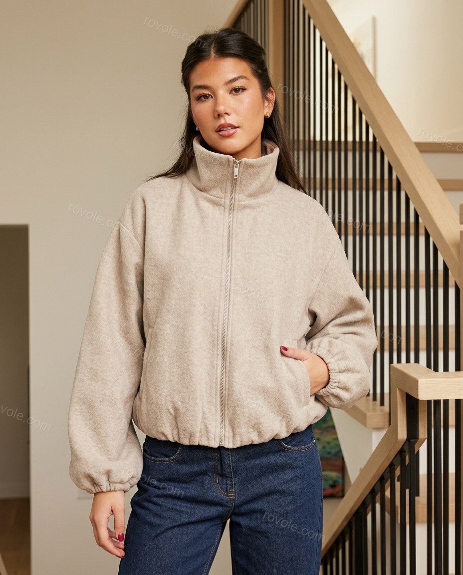 Light Beige Knit Jacket, full-length hero view, by rovole.com